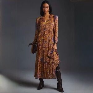 Anthropologie Boho Floral Tiered Maxi Dress Mustard Purple Size L EUC